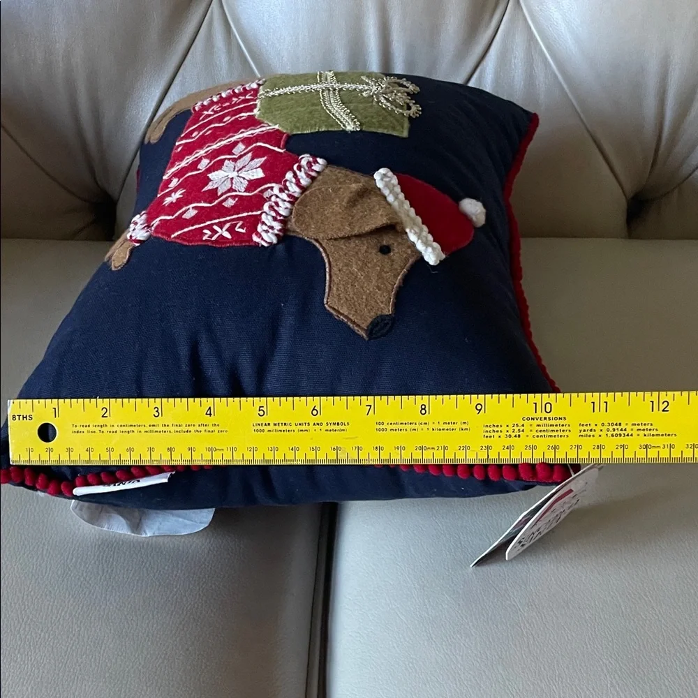 Holiday Dachshund Pillow with Gift - Navy and Red